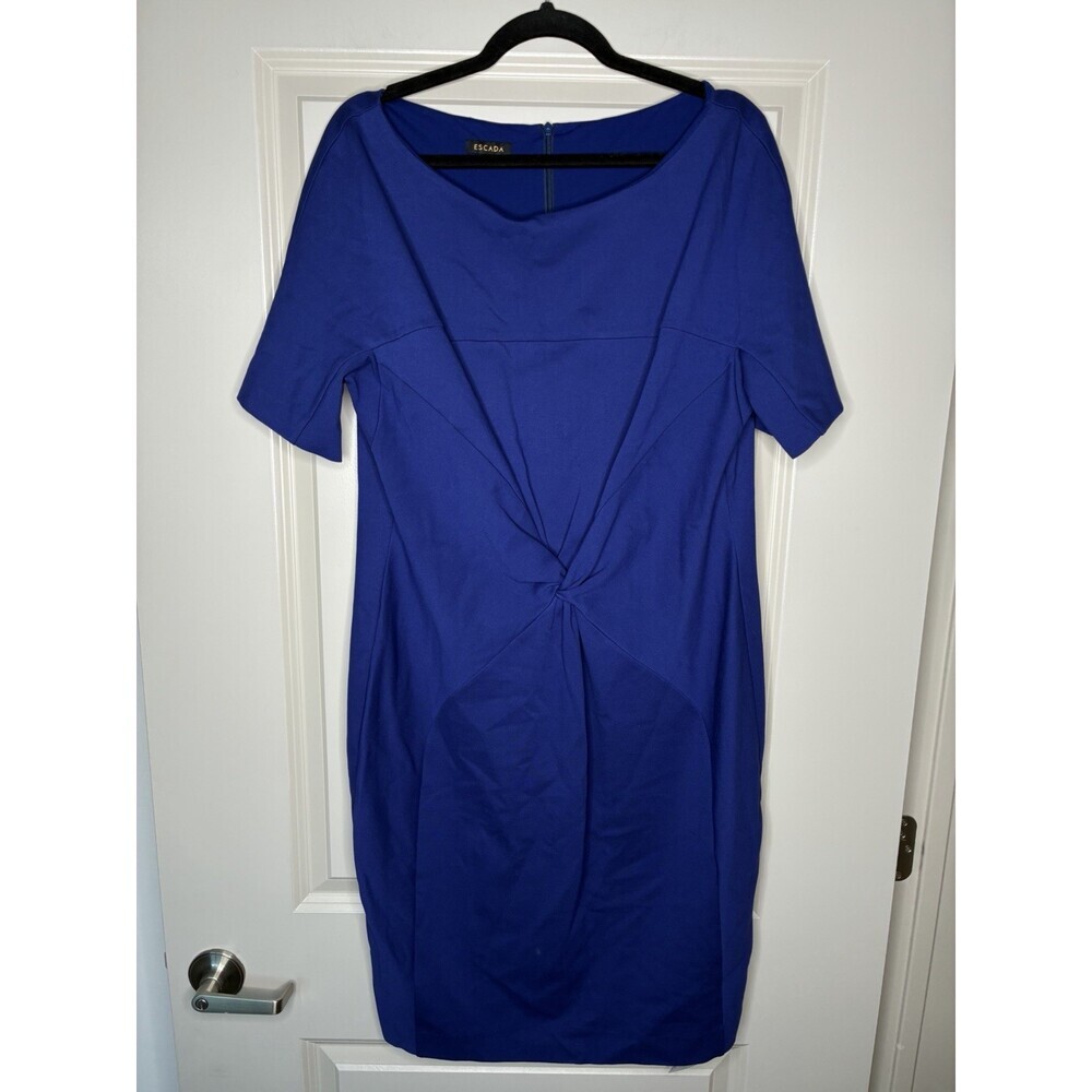Escada Dilsad Gathered Front Sheath Dress in Midnight Blue Size 46 US 16